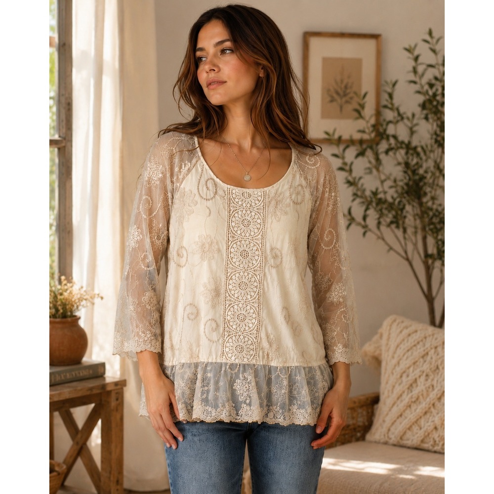 Dressbarn Lace Overlay Twofer Top Womens Ivory Layered Look‎ Blouse No Size Tag